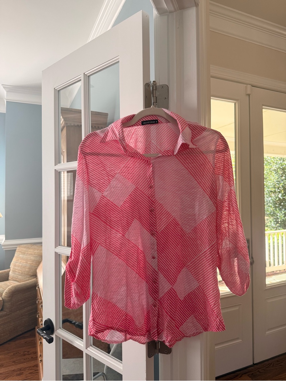 David Cline Pink Geometric Sheer Button-Down Top